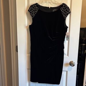 Alex Evenings Black Velvet Dress with Embellished Shoulders. Size 16P